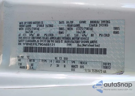 2009 Ford E-350 Super Duty Xl/Xlt из США, поврежденный, VIN 1FBNE31L79DA68131